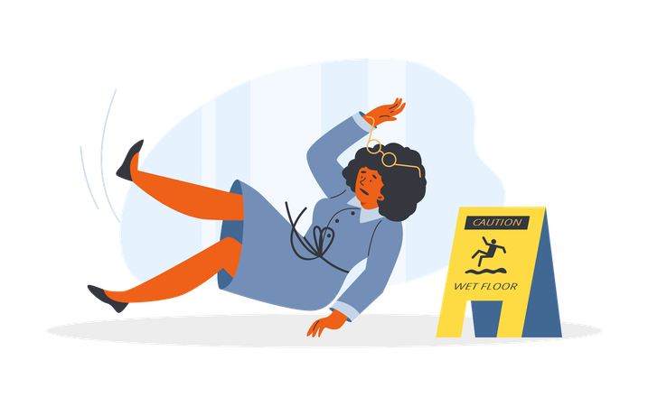 Panneau triangulaire jaune représentant une femme bouclée qui tombe sur un sol mouillé  Illustration