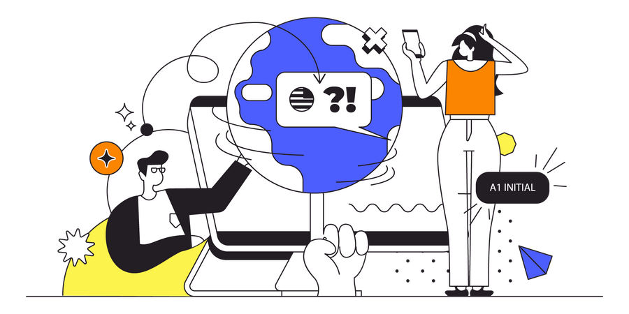 People learning foreign language using online platform  Illustration