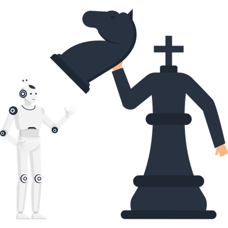 Robot IA et figurine de roi d'échecs avec pièce de cavalier pour la stratégie commerciale  Illustration