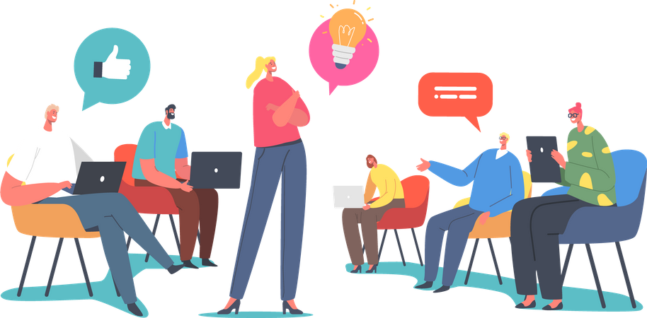 Trabalho em grupo desenvolvendo ideias criativas Ilustração