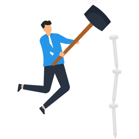 Un homme d'affaires frappe un clou avec une masse  Illustration
