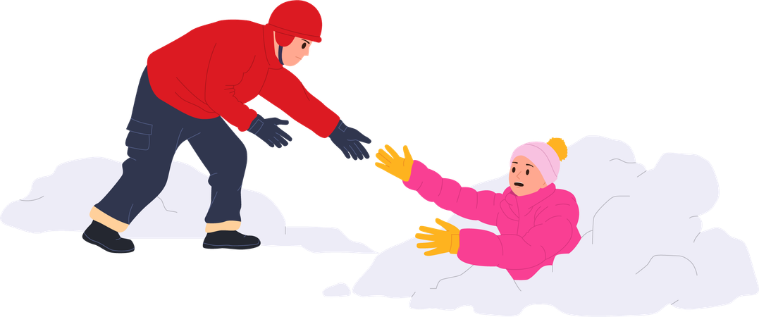 Winter rescuer man saving life of woman covered with snow after avalanche in mountain wilderness  Illustration