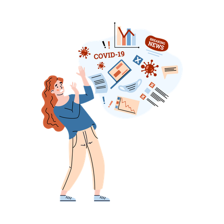 Woman in stress due overload with information about world pandemic covid-19 Illustration