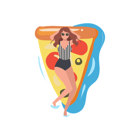 Woman in striped one piece swimsuit and sunglasses relaxing on pizza inflatable float  Illustration