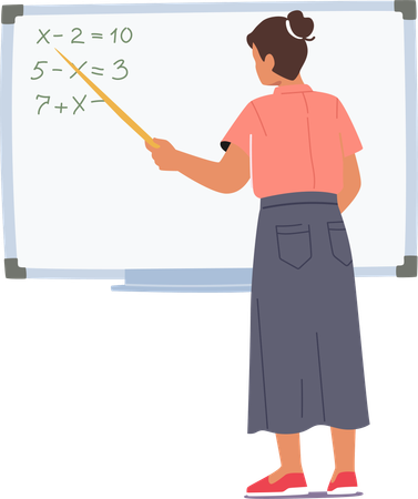 Woman teacher standing at blackboard explaining math subject for students  Illustration