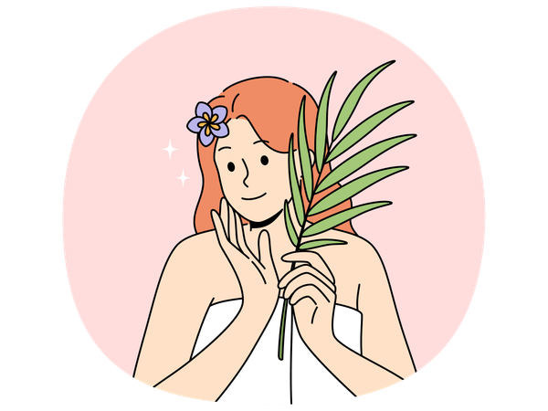 Woman with sprig of medicinal plant used for cosmetic purposes  Illustration