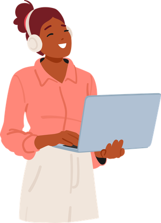 Young happy woman wearing headphones using laptop computer Illustration