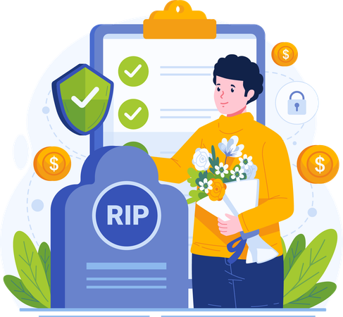 Young Man Holds a Bouquet of Flowers Near a Tombstone  Ilustración