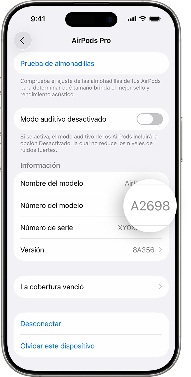 El número de modelo de los AirPods Pro aparece en Configuración en el iPhone.