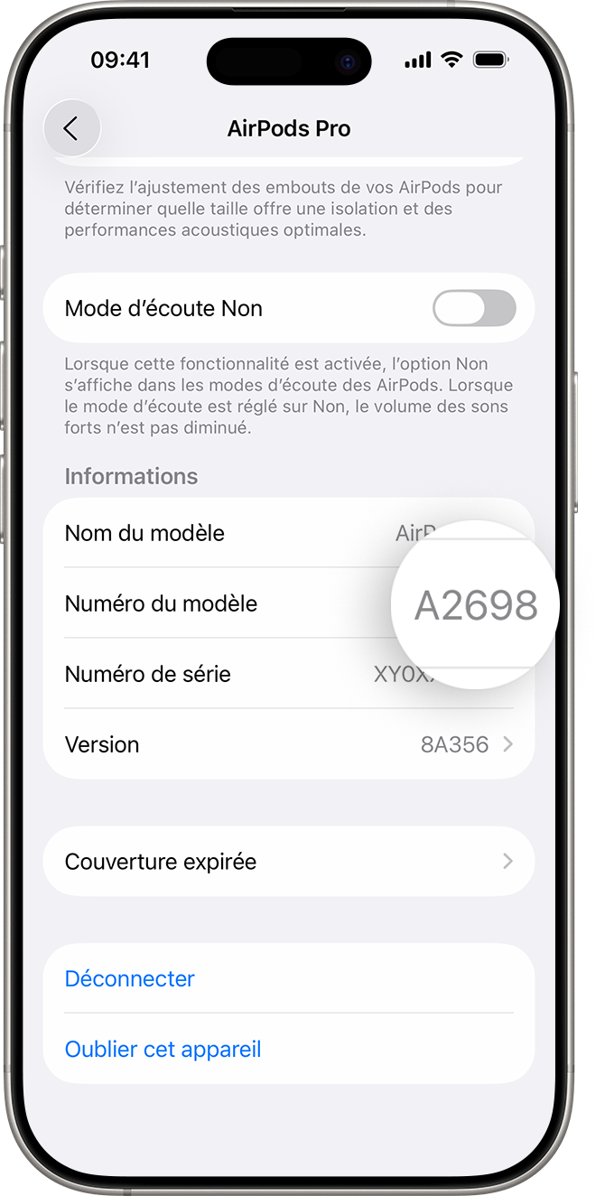 Numéro de modèle d’AirPods Pro, indiqué dans Réglages sur un iPhone.