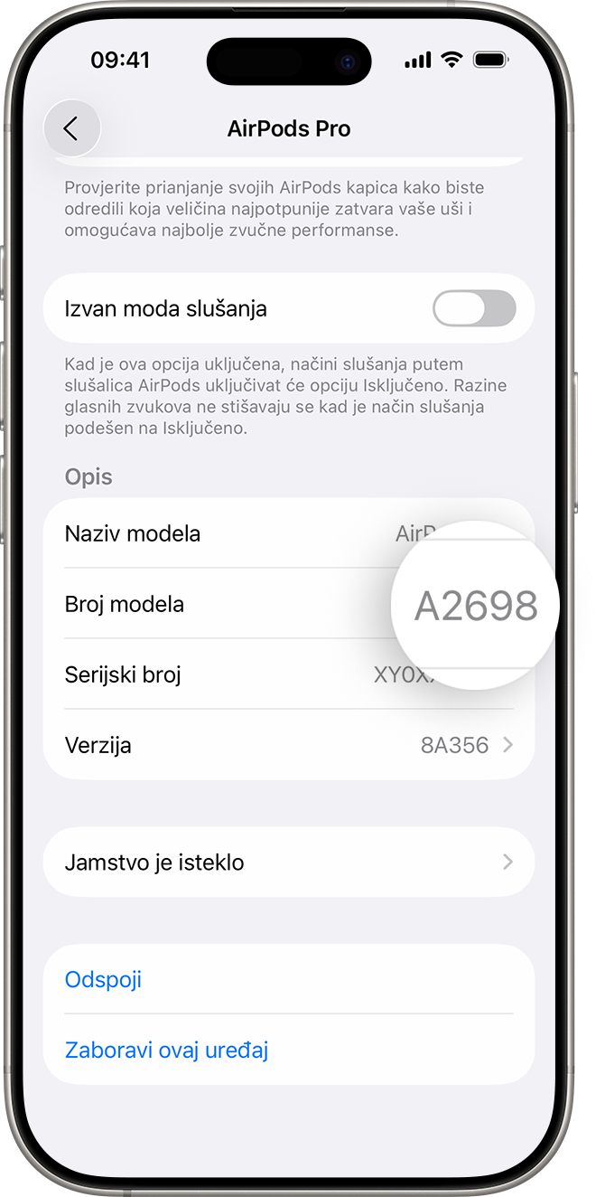 Broj modela AirPods Pro slušalica naveden u Postavkama na iPhone uređaju.