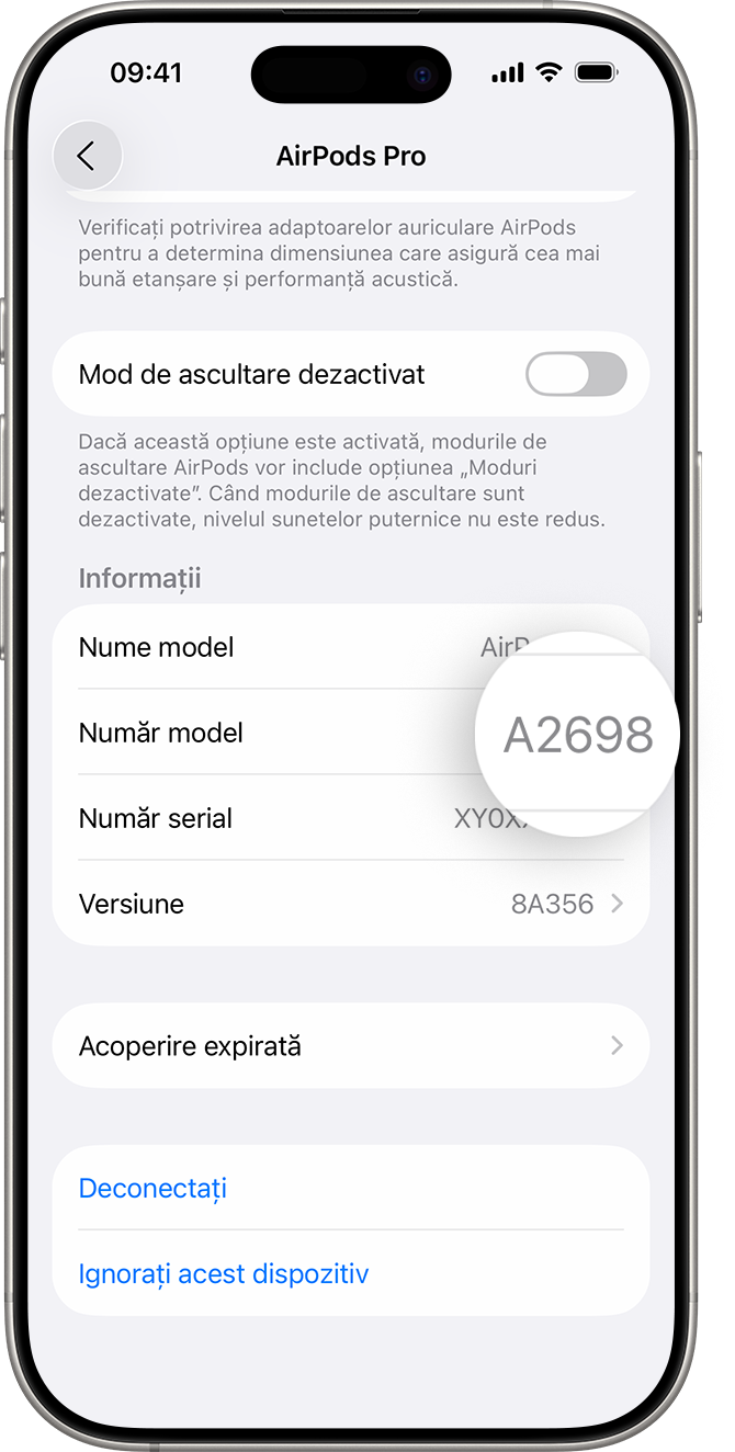 Numărul de model al căștilor AirPods Pro indicat în Configurări pe iPhone.