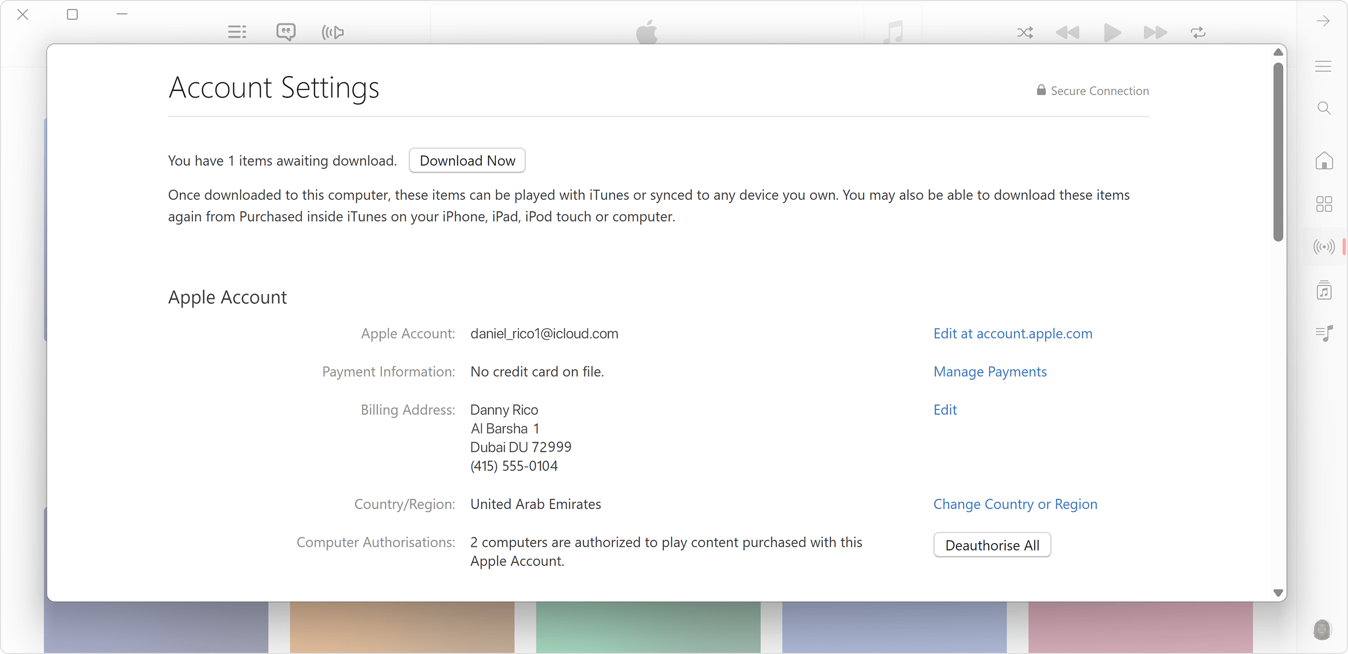 تطبيق Apple Music لجهاز PC الذي يعمل بنظام التشغيل Windows يعرض صفحة "معلومات الحساب" وعدد أجهزة الكمبيوتر المخولة