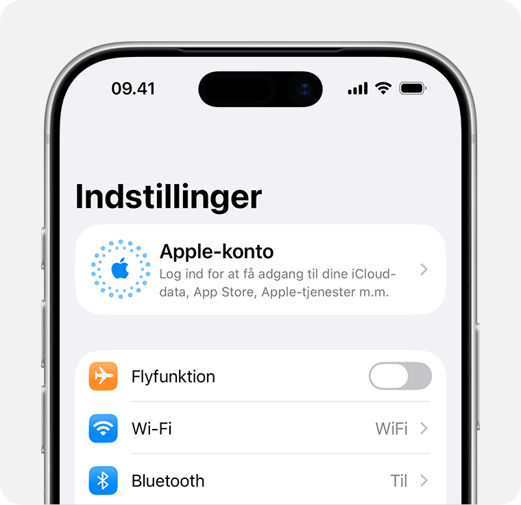 En iPhone, der viser Indstillinger, og hvor du logger ind med din Apple-konto.