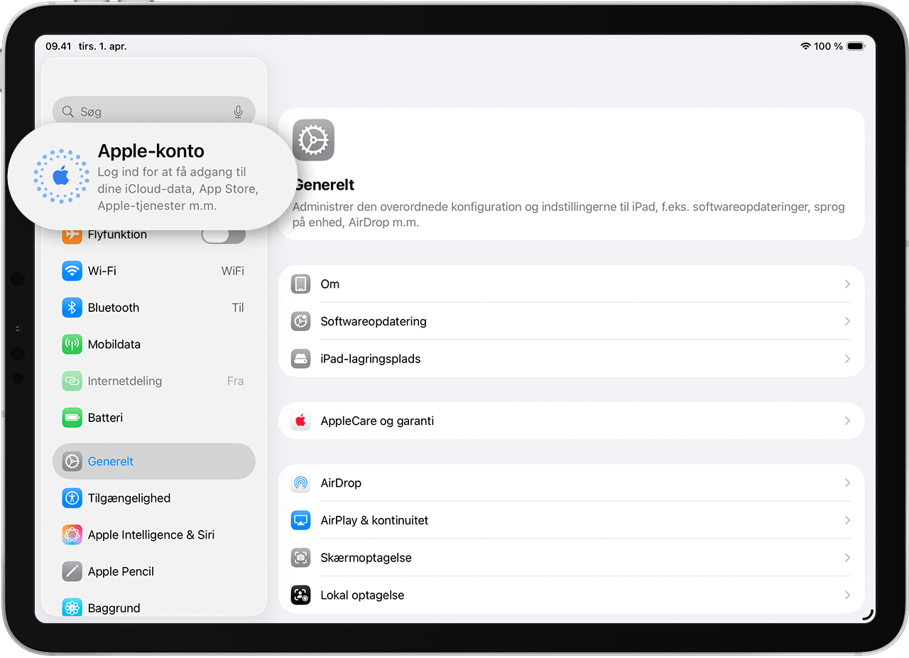 En iPad, der viser Indstillinger, og hvor du logger ind med din Apple-konto