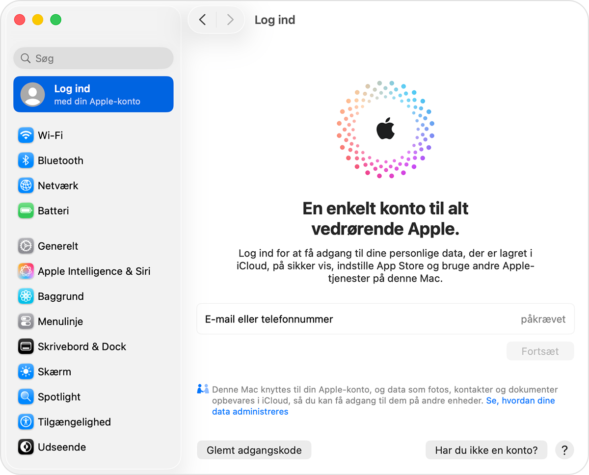 En Mac, der viser Systemindstillinger, og hvor du logger ind med din Apple-konto.