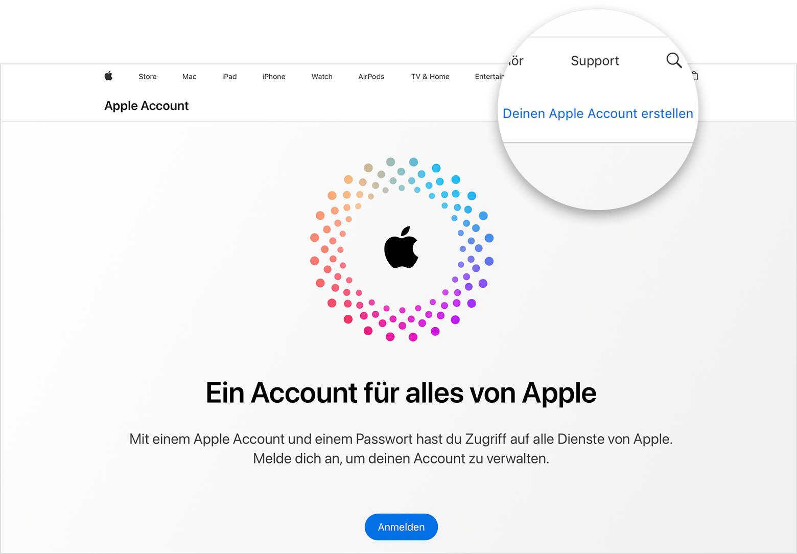 Webbildschirm, auf dem der Link „Deinen Apple Account erstellen“ angezeigt wird