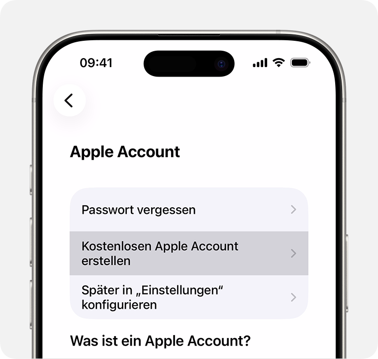 iPhone-Bildschirm, auf dem die Option zum Auswählen von „Kostenlosen Apple Account erstellen“ angezeigt wird