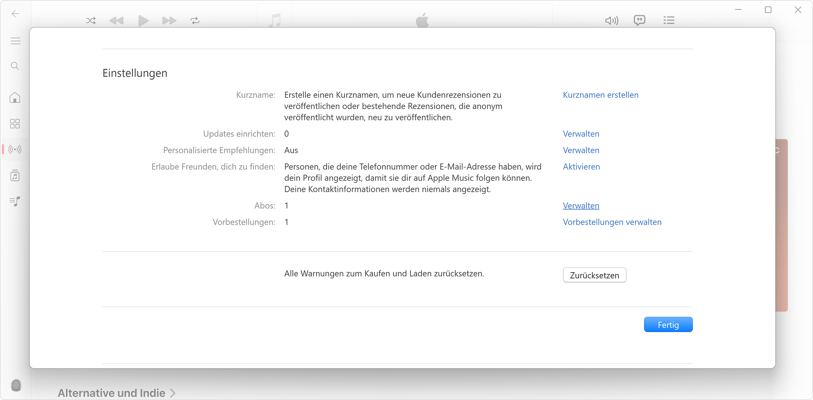 Apple Account-Einstellungen in der Apple Music-App für Windows.