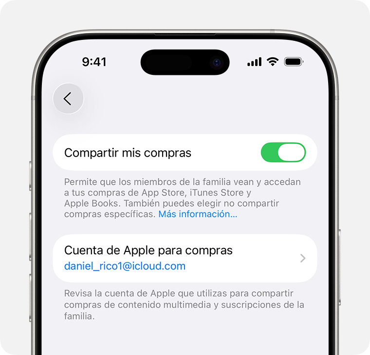 Pantalla de iPhone en la que se puede ver cómo activar Compartir compras.