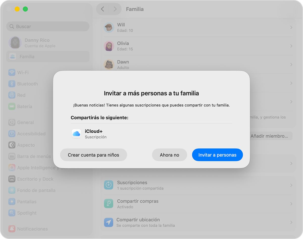 Ajustes del sistema de Mac donde se muestra la configuración de En familia, incluido el botón para añadir un miembro
