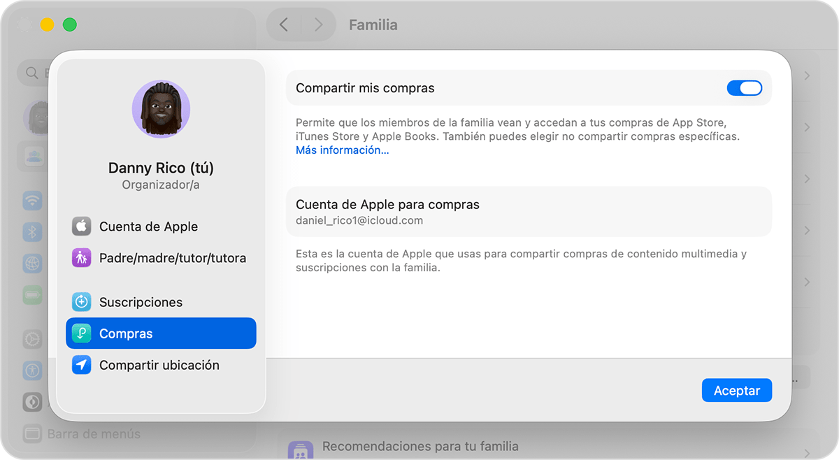 Pantalla de Mac en la que se puede ver cómo activar Compartir compras.