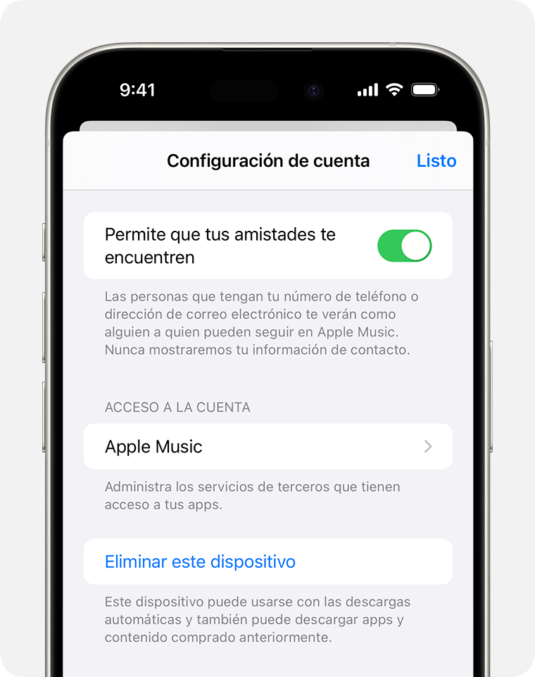 Un iPhone en el que se muestra la configuración de la cuenta y la opción Eliminar este dispositivo.