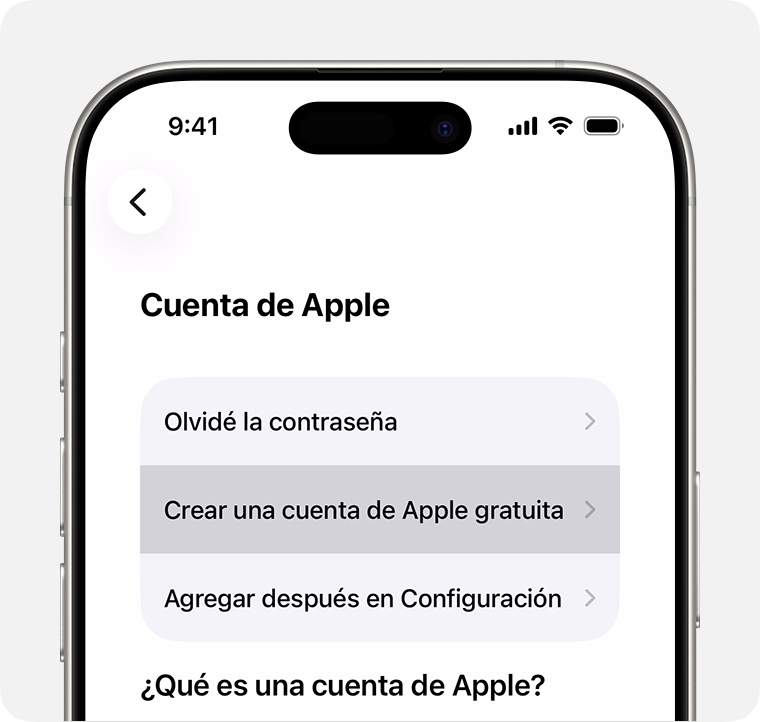Pantalla de un iPhone en la que se muestra la opción para seleccionar Crea una cuenta de Apple gratuita