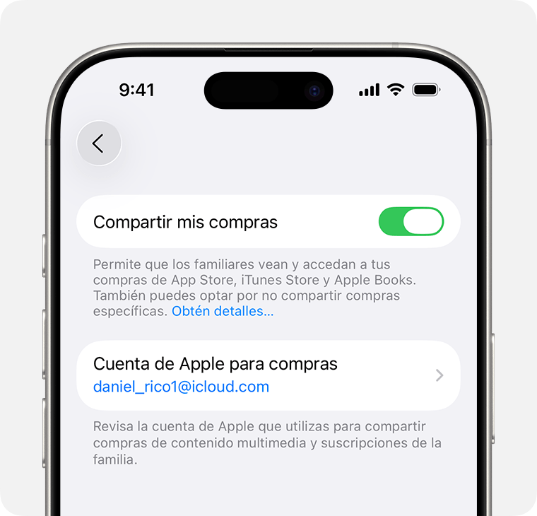 Una pantalla de iPhone en la que se muestra cómo activar Compartir mis compras.