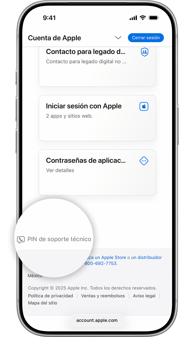 Toca Pin de soporte para generar un PIN de soporte.