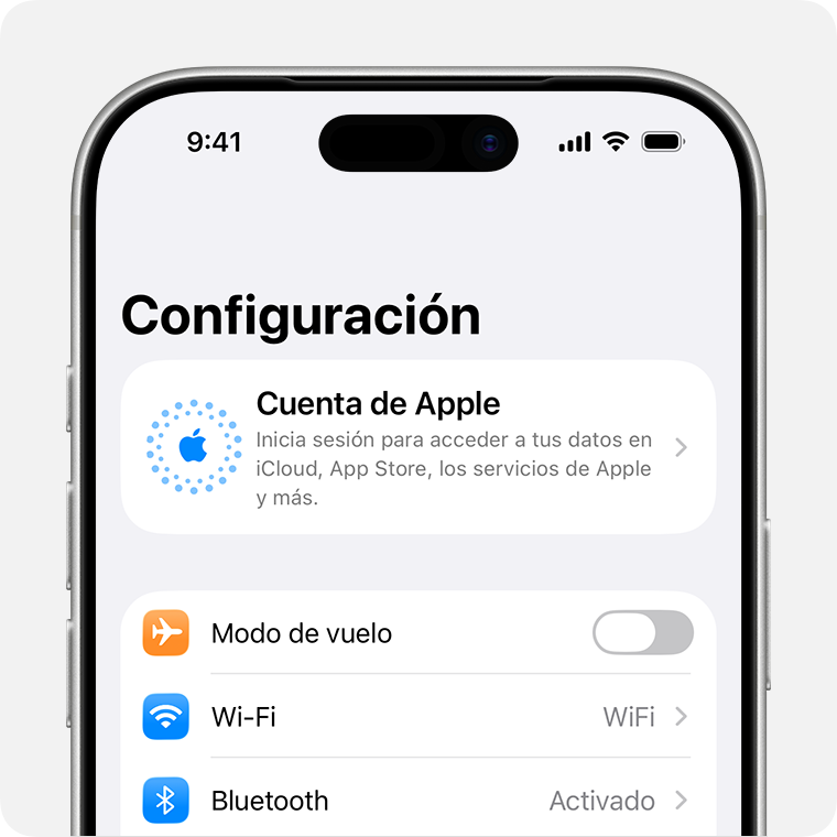 Un iPhone en el que se muestra Configuración y dónde iniciar sesión con tu cuenta de Apple.