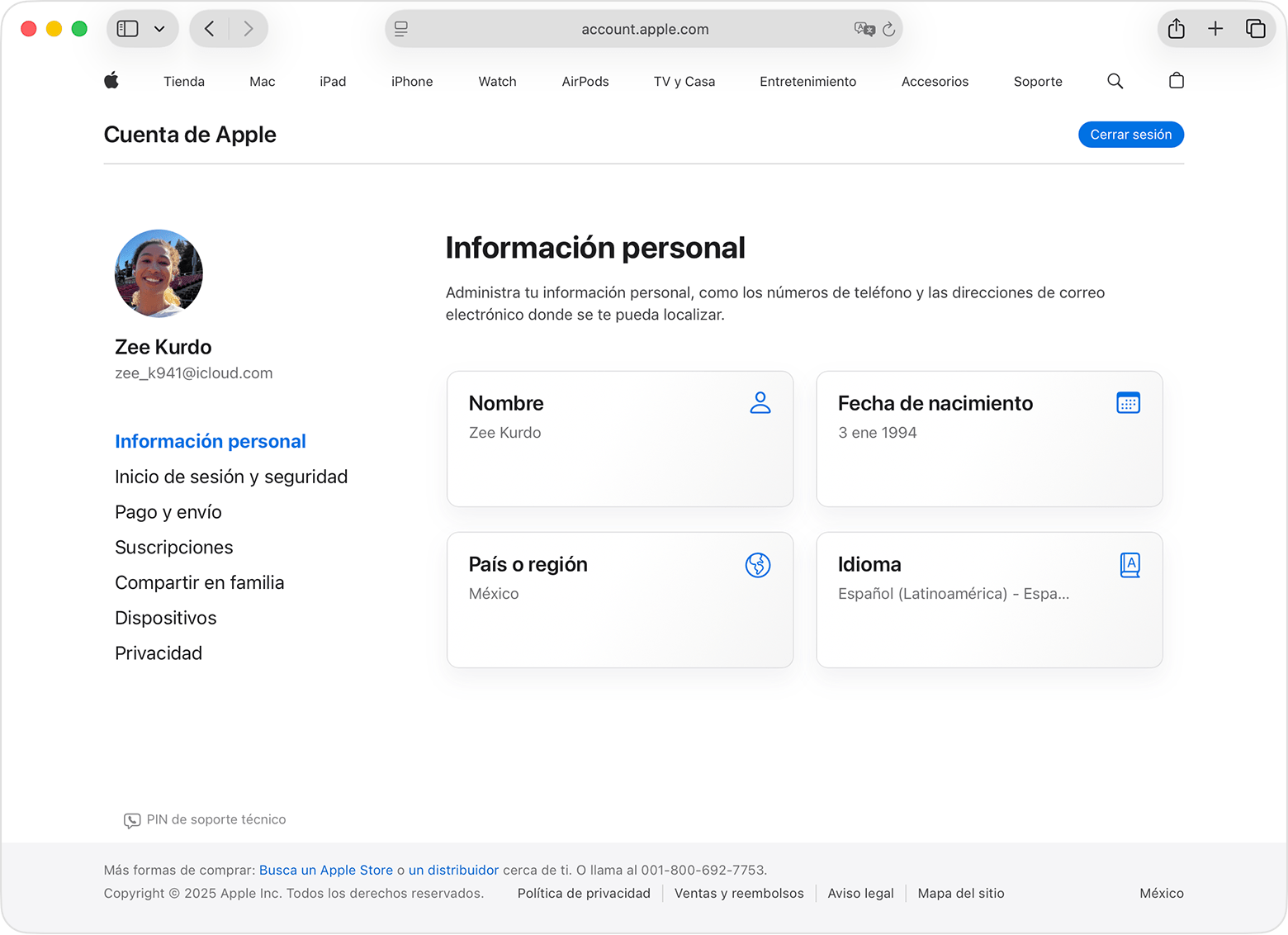 La página de la cuenta de Apple en la que se muestra Información personal y Fecha de nacimiento