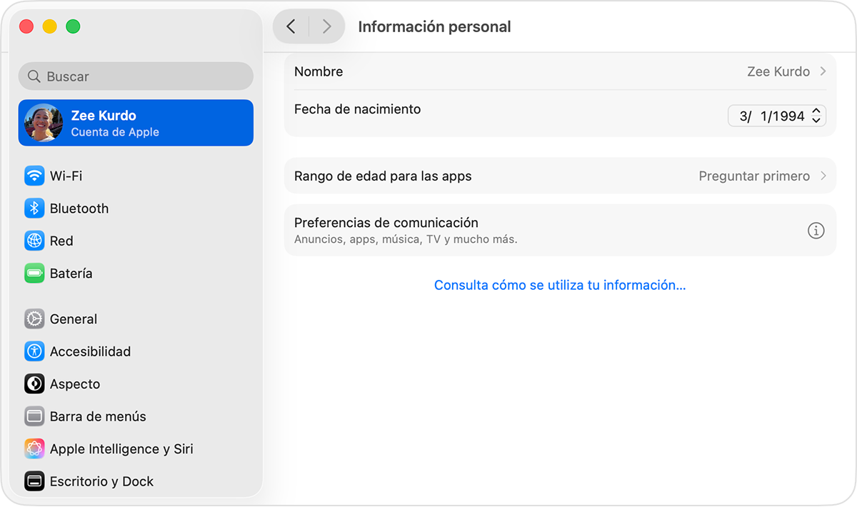 Configuración de la cuenta de Apple en la Mac en la que se muestra Fecha de nacimiento
