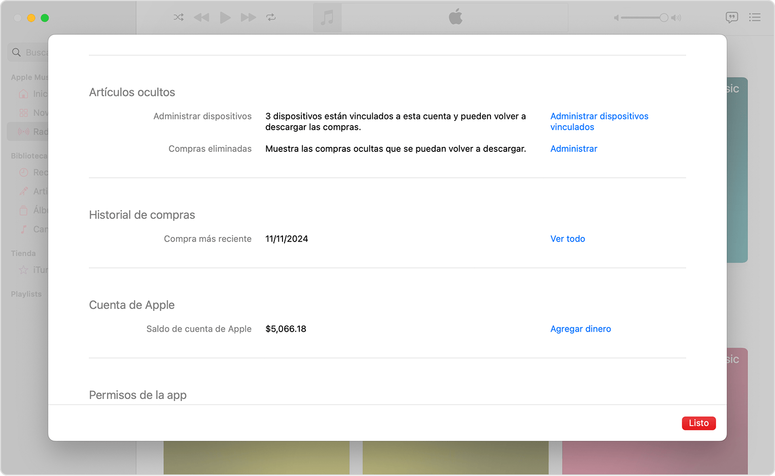 En la app Música de la Mac, se muestra Configuración de la cuenta y la opción Manage Linked Devices (Administrar dispositivos vinculados).