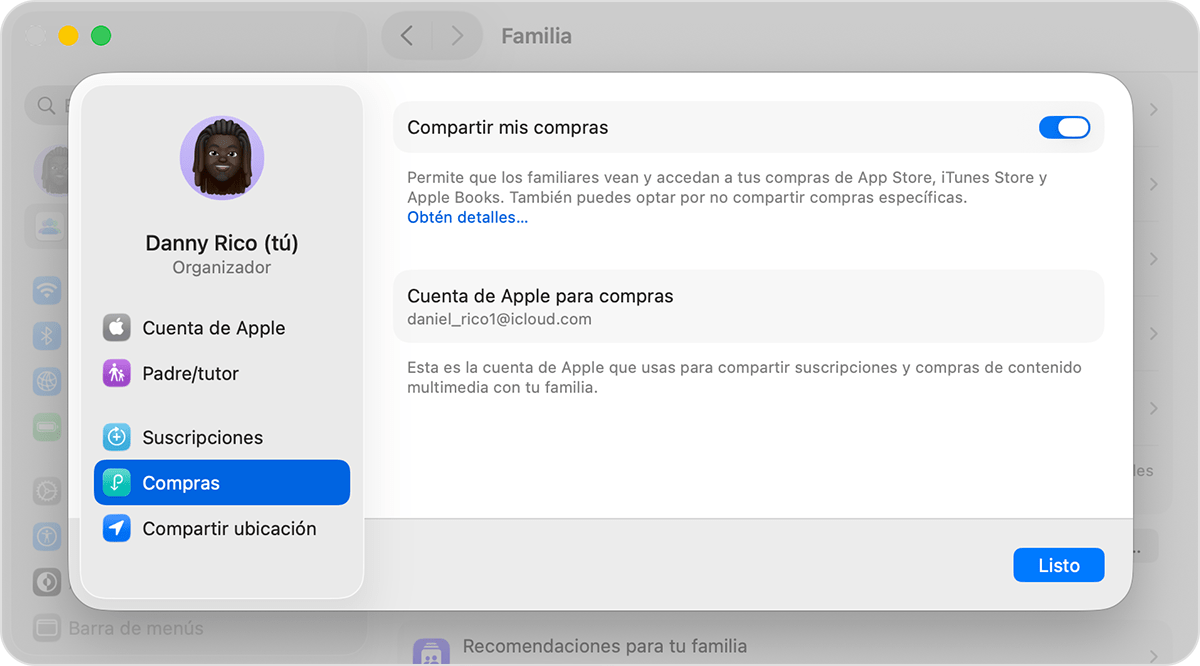 Una pantalla de Mac en la que se muestra cómo activar Compartir mis compras.