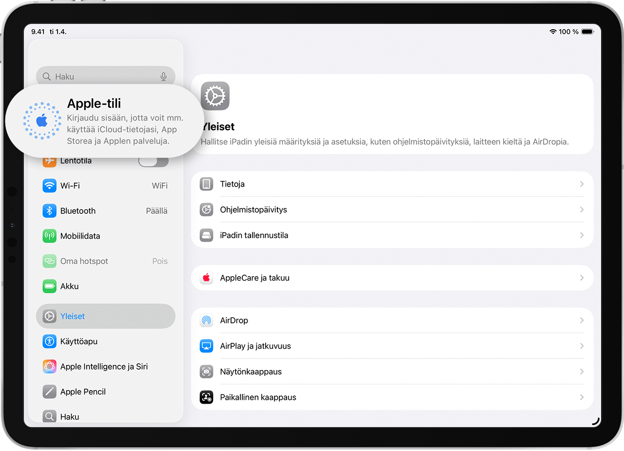 iPadissa näkyvät Asetukset ja kohta, josta kirjaudutaan sisään Apple-tilillä