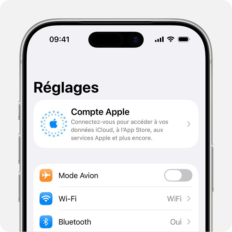 Un iPhone affichant les Réglages et l’endroit où se connecter avec votre compte Apple.