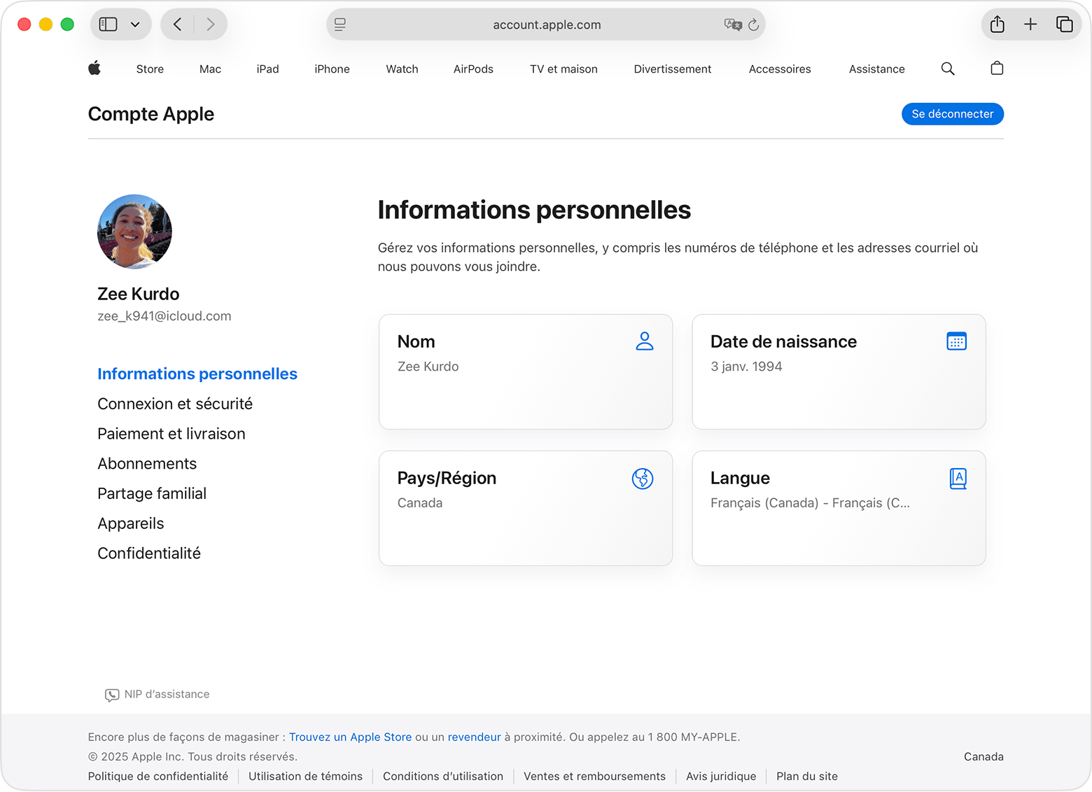 Page du compte Apple affichant Infos personnelles et Fête