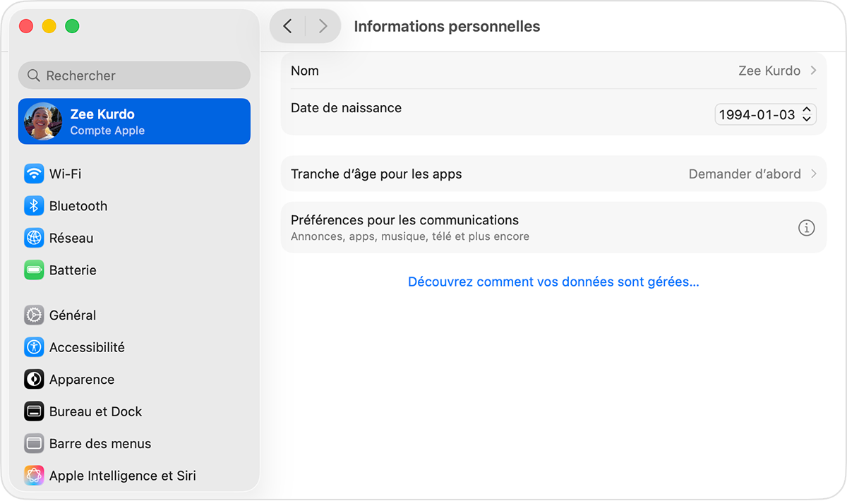 Paramètres du compte Apple sur Mac affichant Fête