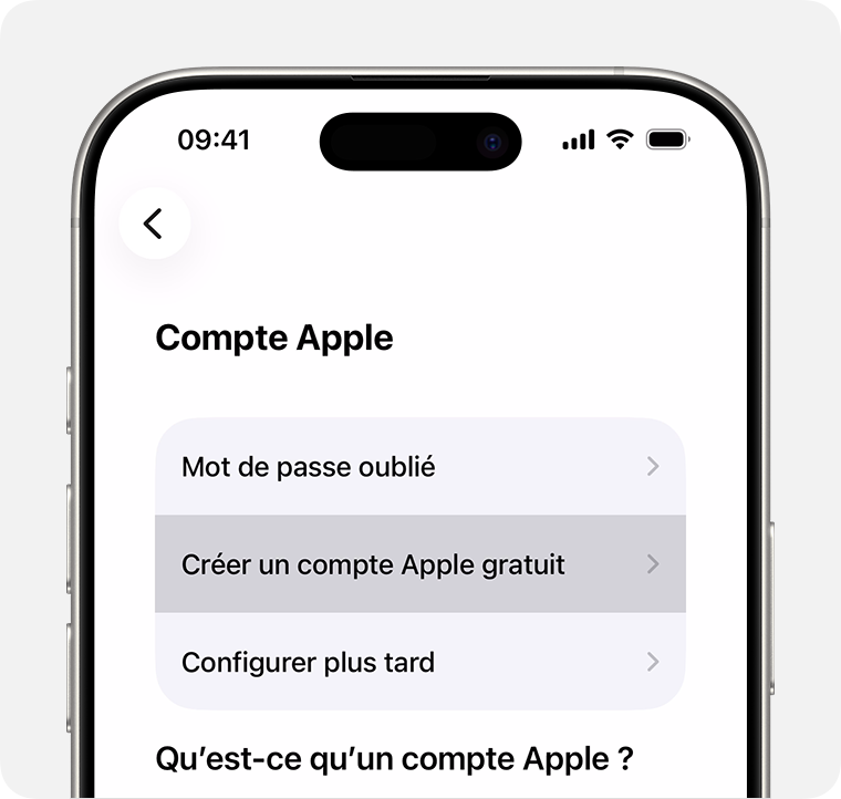 Écran de l’iPhone affichant l’option permettant de sélectionner Créer un compte Apple gratuit