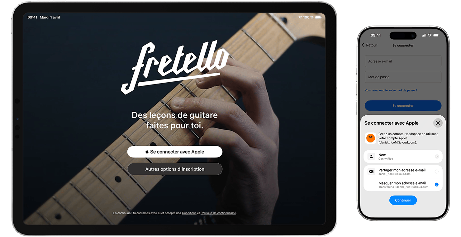 Un iPad et un iPhone affichant le bouton Se connecter avec Apple dans des apps.