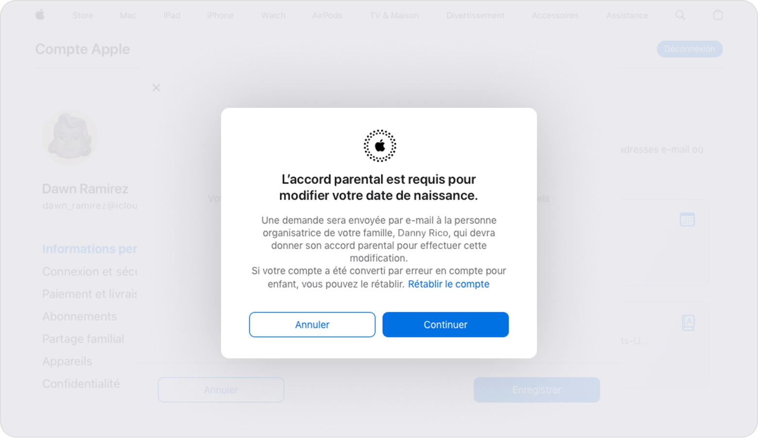 Message avec le lien texte Rétablir le compte sur la page compte Apple.