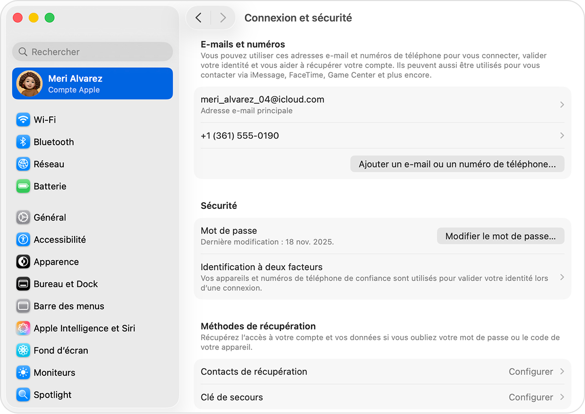 Mac affichant les réglages de connexion et de sécurité