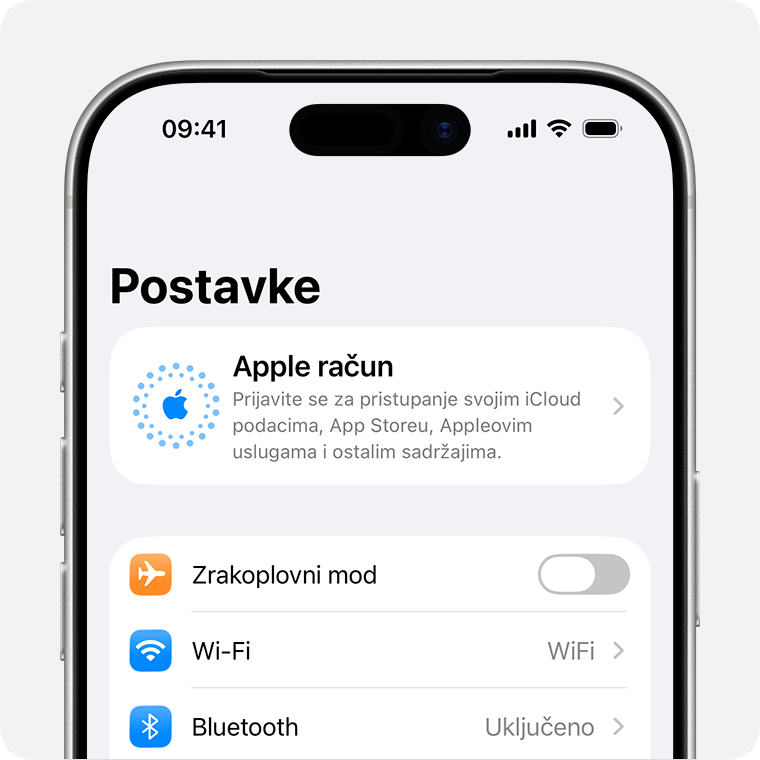 iPhone uređaj na kojem se prikazuju Postavke i odjeljak u kojem se trebate prijaviti pomoću Apple računa.