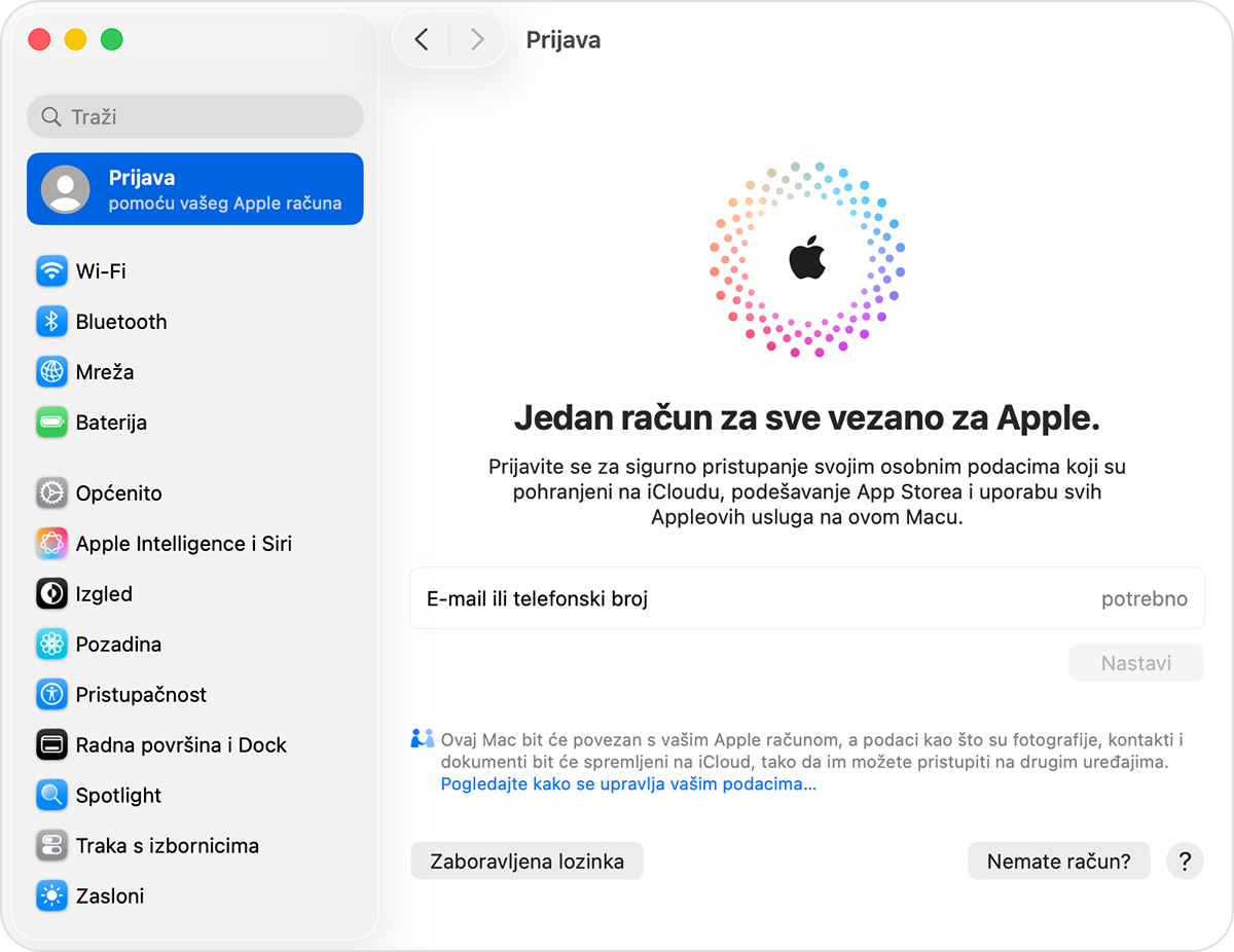 Mac računalo na kojem se prikazuju Preferencije sustava i odjeljak u kojem se trebate prijaviti pomoću Apple računa.