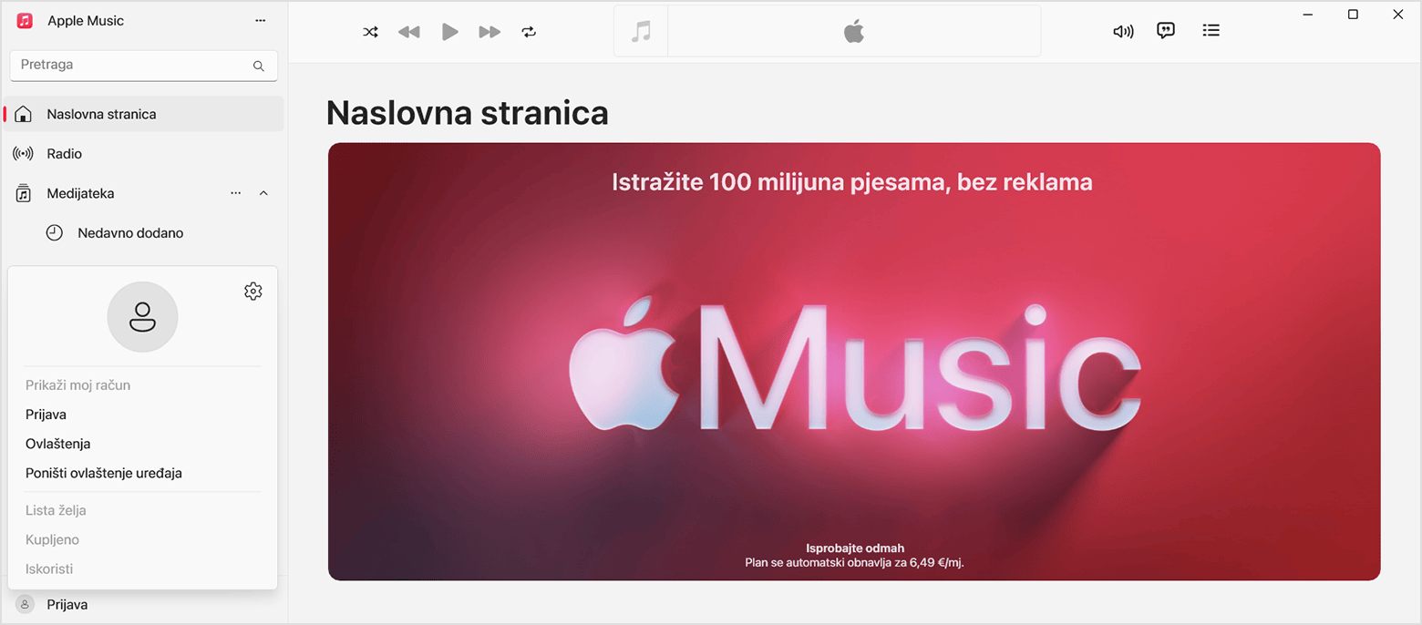 Prijava pomoću Apple računa u aplikaciju Apple Music za sustav Windows
