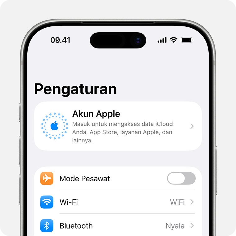 iPhone yang menampilkan Pengaturan dan tempat untuk Masuk dengan Akun Apple.