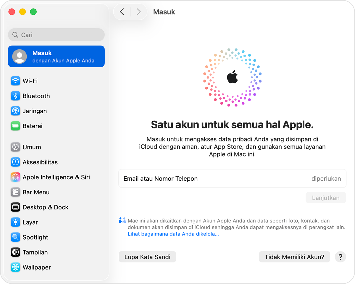 Mac yang menampilkan Pengaturan dan tempat untuk Masuk dengan Akun Apple.