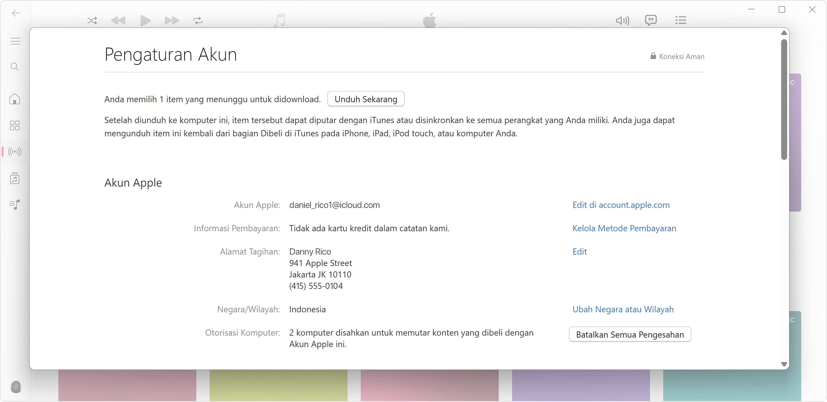 App Apple Music untuk PC Windows menampilkan halaman Informasi Akun dan jumlah komputer yang disahkan