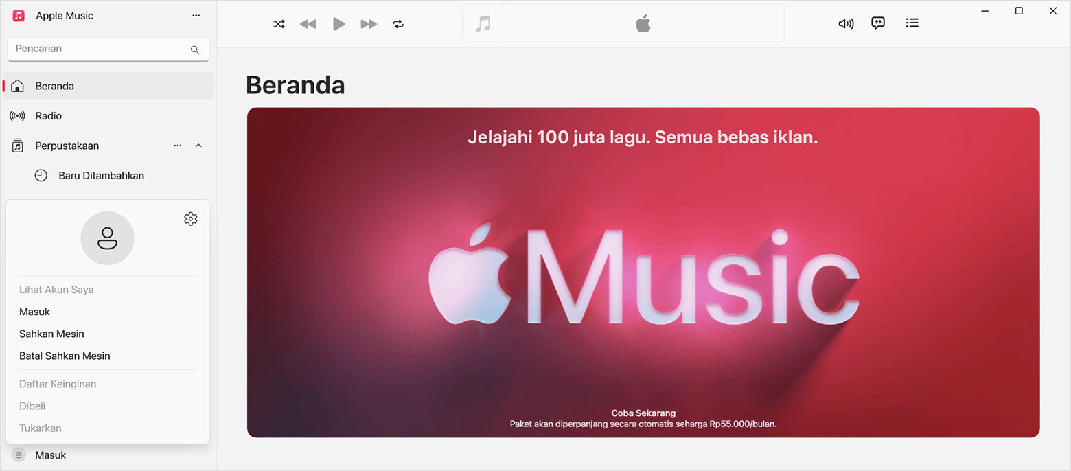 Masuk dengan Akun Apple di app Apple Music untuk Windows